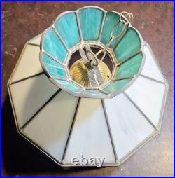 Vintage Green & White Stained Glass Hanging Lamp Light Kitchen Tiffany Style MCM