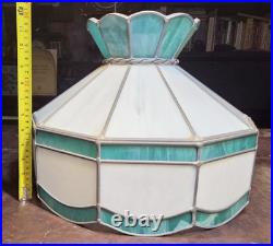 Vintage Green & White Stained Glass Hanging Lamp Light Kitchen Tiffany Style MCM