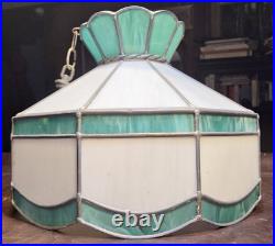 Vintage Green & White Stained Glass Hanging Lamp Light Kitchen Tiffany Style MCM