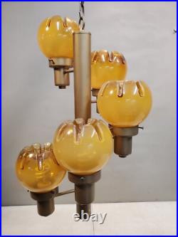 Vintage Groovy 1970's Hanging Lamp, 5 Light Crenelated Carmel Glass Globe Swirl