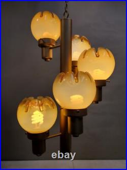 Vintage Groovy 1970's Hanging Lamp, 5 Light Crenelated Carmel Glass Globe Swirl