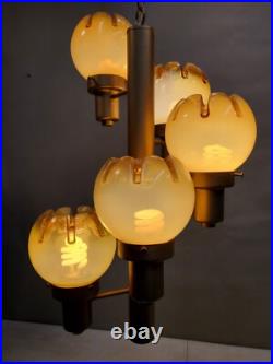 Vintage Groovy 1970's Hanging Lamp, 5 Light Crenelated Carmel Glass Globe Swirl