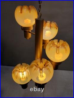Vintage Groovy 1970's Hanging Lamp, 5 Light Crenelated Carmel Glass Globe Swirl