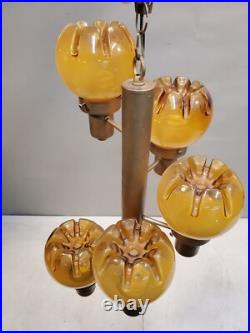 Vintage Groovy 1970's Hanging Lamp, 5 Light Crenelated Carmel Glass Globe Swirl