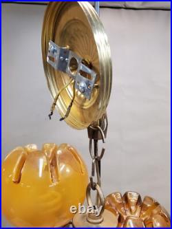 Vintage Groovy 1970's Hanging Lamp, 5 Light Crenelated Carmel Glass Globe Swirl