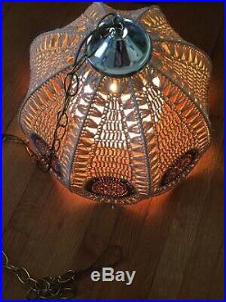 Vintage HANGING CHANDELIER Swag Lamp Light RATTAN Shade Mid Century Boho Design
