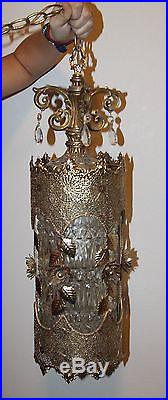 Vintage HANGING LAMP gold chain filigree flower glass prisms Retro Heavy