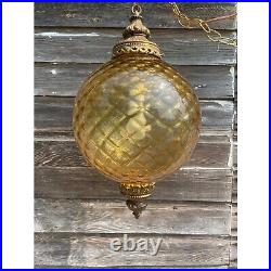 Vintage HUGE 1960s Amber Optic Glass Hanging Swag Lamp Works