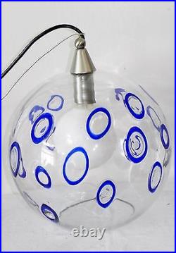 Vintage Hand Blown Cobalt Blue White Art Glass Hanging Pendant Lamp Light Large