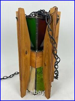 Vintage Handmade Hanging Stained Glass Light and Chain With Real Wood Accents
