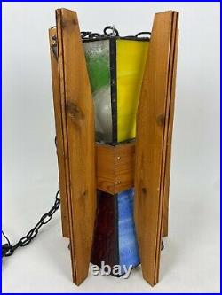 Vintage Handmade Hanging Stained Glass Light and Chain With Real Wood Accents