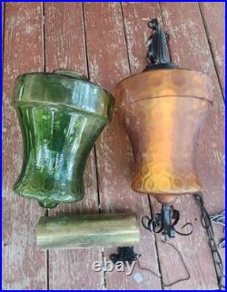 Vintage Hanging Amber Glass Swag Lamp, 23 MCM Hollywood Regency Extra Shade