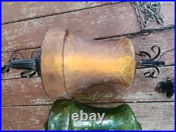 Vintage Hanging Amber Glass Swag Lamp, 23 MCM Hollywood Regency Extra Shade