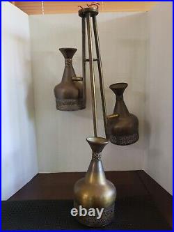 Vintage Hanging Ceiling Lamp Fixture Metal Tole Filigree Brass Tone MCM 3 Light