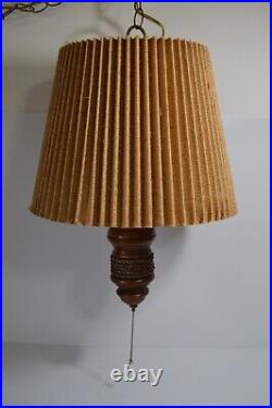 Vintage Hanging Ceiling Light Lamp Nautical Wood Base Metal Chain Crimped Shade