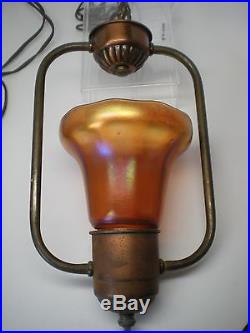 Vintage Hanging Copper Lamp with Nuart Iridescent Marigold Glass Lamp Shade Works