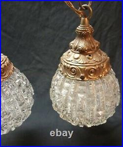 Vintage Hanging Double Swag Light Fixture Brass With Clear Glass Globes