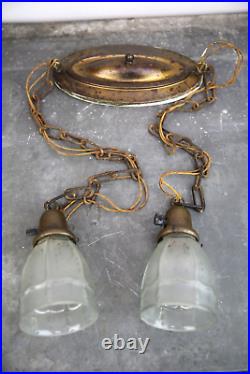 Vintage Hanging Double Swag Light Lamps Fixture Hollywood Regency frosted glass