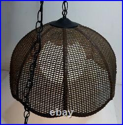 Vintage Hanging Glass Globe Swag Light/Lamp Pendant w Wicker Rattan Tulip Shade