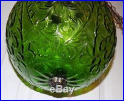 Vintage Hanging Green Glass Globe Swag Chain Ceiling Light Lamp Vtg MCM Avocado
