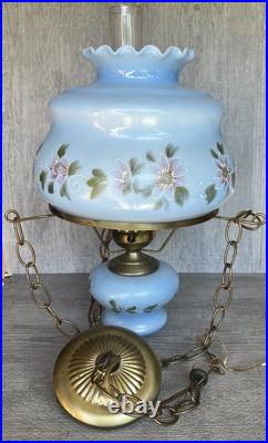 Vintage Hanging Hurricane Lamp Painted Floral Blue Shade 3 Way Ceiling Fixture