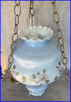Vintage Hanging Hurricane Lamp Painted Floral Blue Shade 3 Way Ceiling Fixture