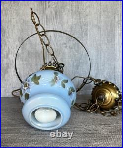 Vintage Hanging Hurricane Lamp Painted Floral Blue Shade 3 Way Ceiling Fixture