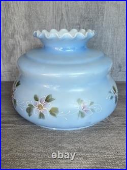 Vintage Hanging Hurricane Lamp Painted Floral Blue Shade 3 Way Ceiling Fixture
