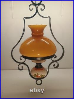 Vintage Hanging Hurricane Swag Lamp Light Fixture White/Caramel & Floral Design