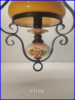 Vintage Hanging Hurricane Swag Lamp Light Fixture White/Caramel & Floral Design