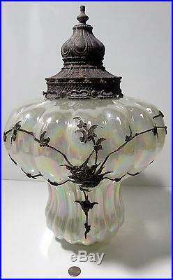 Vintage Hanging Iridescent Swag Lamp Light Fixture Brass Applied Floral