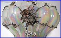 Vintage Hanging Iridescent Swag Lamp Light Fixture Brass Applied Floral