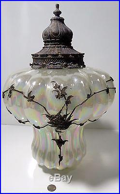 Vintage Hanging Irridescent Swag Lamp Light Fixture Brass Applied Floral
