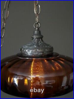 Vintage Hanging Lamp Amber Glass Optic Orange Globe UFO Swag Light MCM