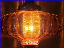 Vintage Hanging Lamp Amber Glass Optic Orange Globe UFO Swag Light MCM