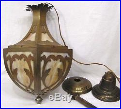 Vintage Hanging Lamp Art Nouveau Slag Glass Panels Brass 1920s-30s