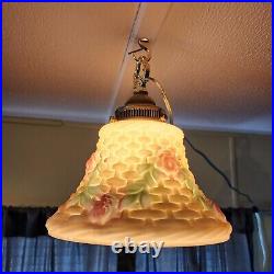 Vintage Hanging Lamp Brass & Glass ROSES Plug In 15' Cord Swag Light Chandelier