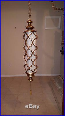 Vintage Hanging Lamp Chain Swag Gold Metal Frame Fabric Interior Long Pendant