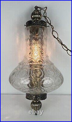 Vintage Hanging Lamp Hollywood Regency Swag Crackle Glass Mid Century XL 24IN