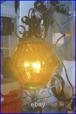 Vintage Hanging Lamp Lantern Spanish Revival Amber Glass Wrought Iron