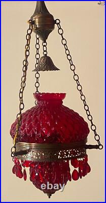 Vintage Hanging Lamp With Quilted Cranberry Shade, & Prisms. Great Condition