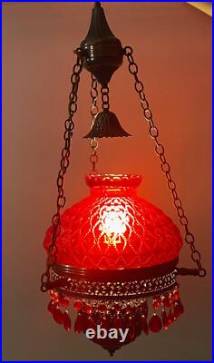 Vintage Hanging Lamp With Quilted Cranberry Shade, & Prisms. Great Condition