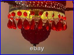 Vintage Hanging Lamp With Quilted Cranberry Shade, & Prisms. Great Condition