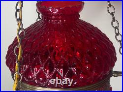 Vintage Hanging Lamp With Quilted Cranberry Shade, & Prisms. Great Condition