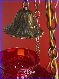Vintage Hanging Lamp With Quilted Cranberry Shade, & Prisms. Great Condition