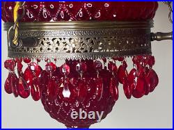 Vintage Hanging Lamp With Quilted Cranberry Shade, & Prisms. Great Condition