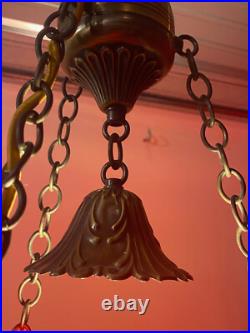 Vintage Hanging Lamp With Quilted Cranberry Shade, & Prisms. Great Condition