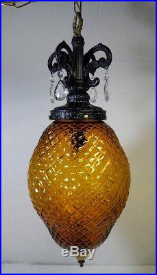 Vintage Hanging Light Swag Lamp Amber Globe Glass Prisms Ornate Retro Rewired