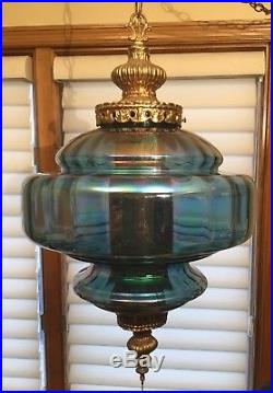 Vintage Hanging Light Swag Lamp Blue Glass Globe 60s