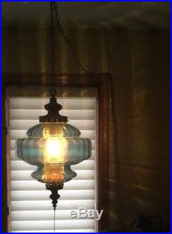 Vintage Hanging Light Swag Lamp Blue Glass Globe 60s